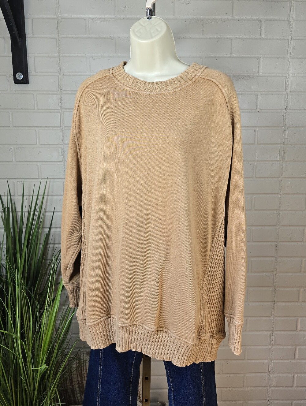 aerie Tan Crewneck Ribbed Panel Sweater Oversized Small